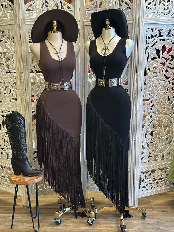 Scoop Neck Fringe Dress- Estira, Stretchy