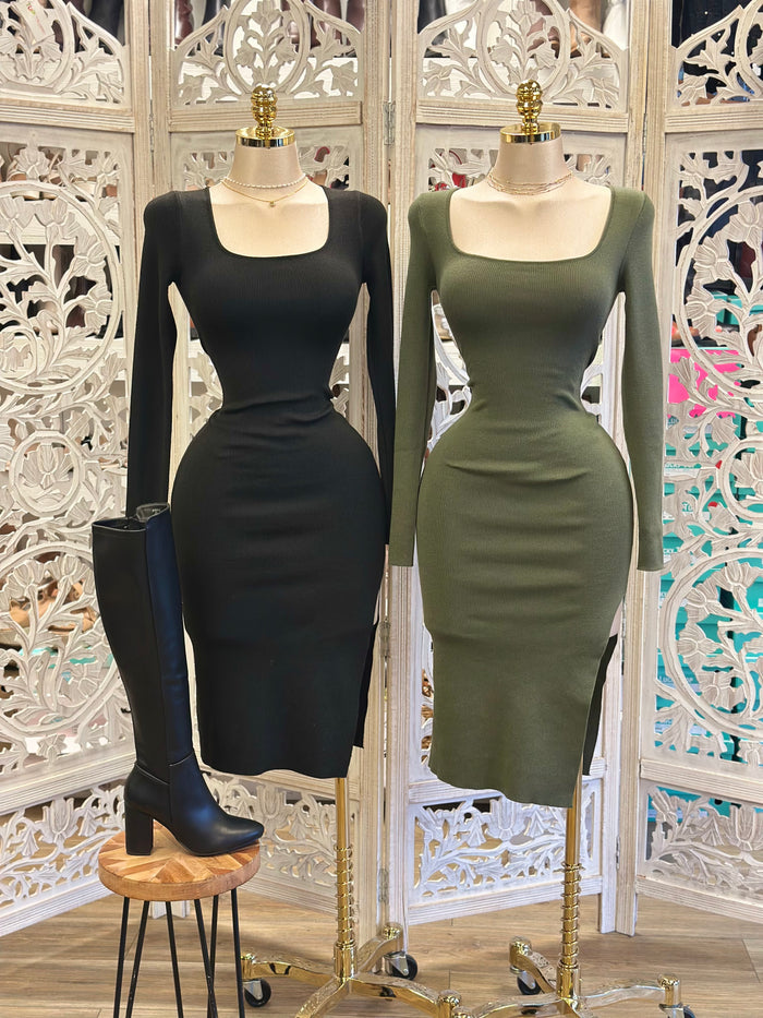 Scoop Neck Ribbed Dress- Stretchy,Estira