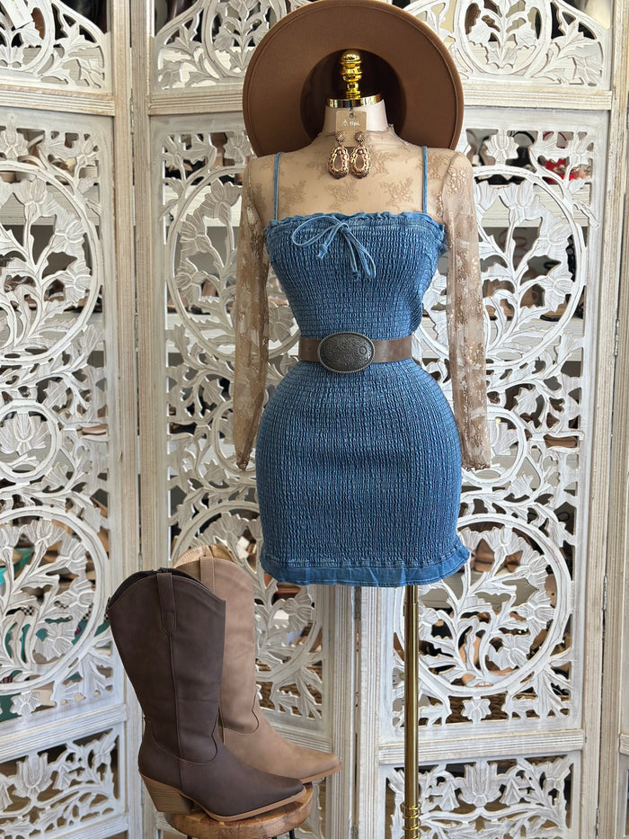 Scrunched Denim Mini Dress - Estira , Stretchy