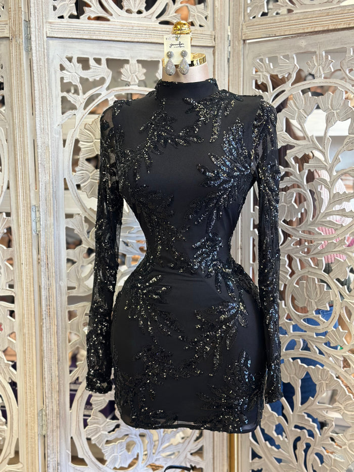 Sequin Black Mesh Mini Dress- Stretchy, Estira