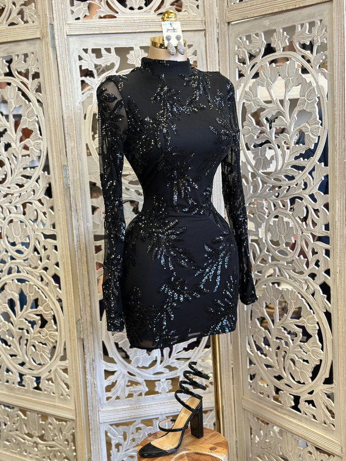 Sequin Black Mesh Mini Dress- Stretchy, Estira