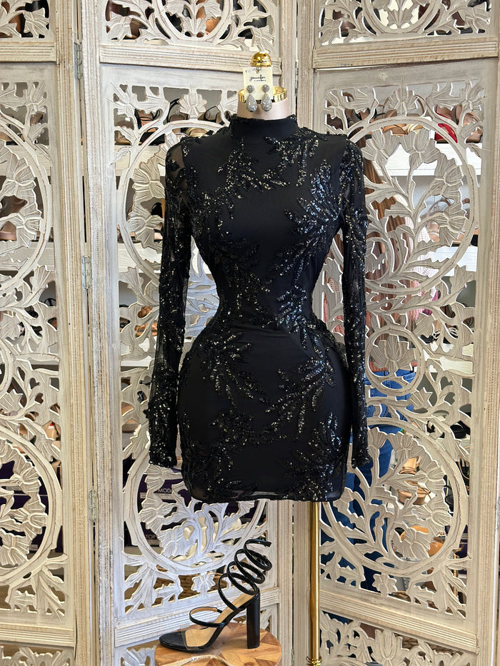 Sequin Black Mesh Mini Dress- Stretchy, Estira