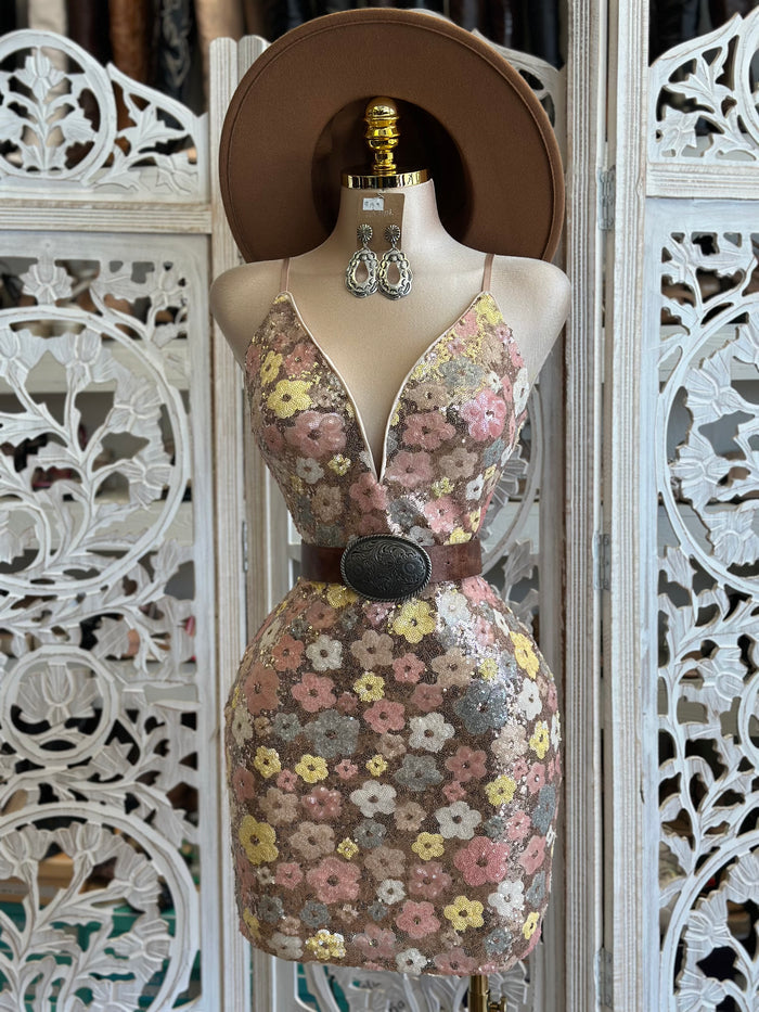 Sequin Floral Mini Dress- Not Stretchy, No Estira
