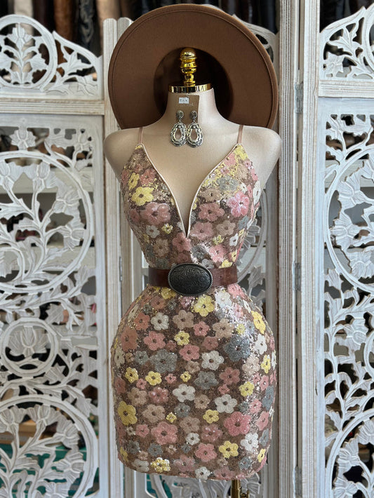 Sequin Floral Mini Dress- Not Stretchy, No Estira