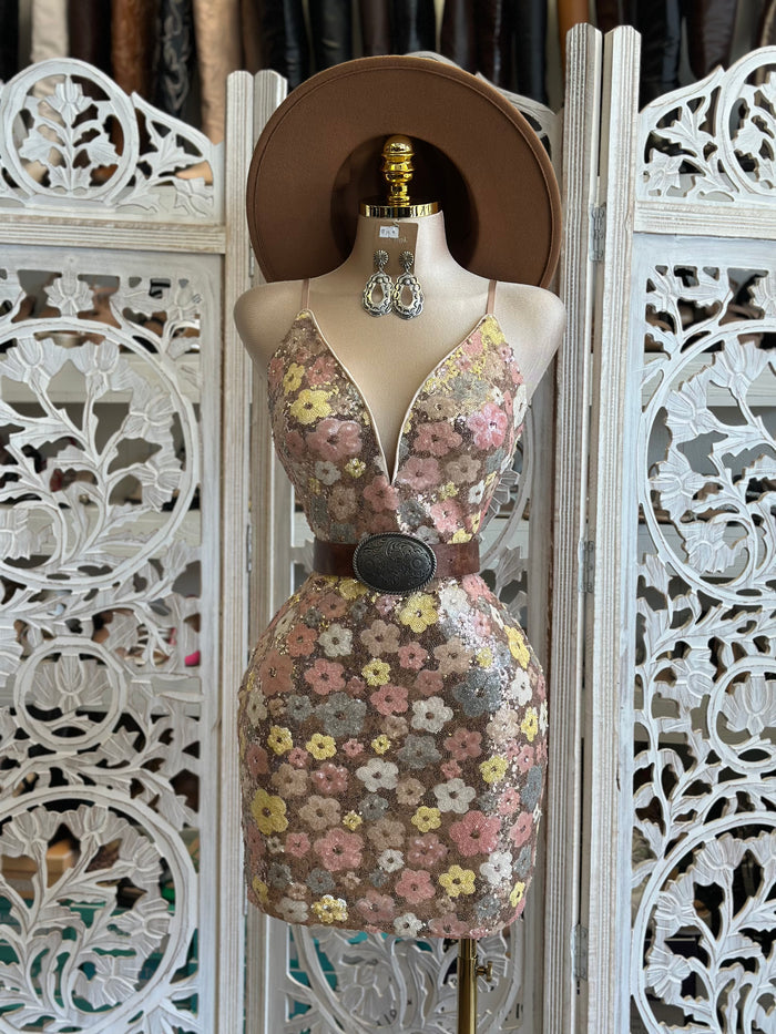 Sequin Floral Mini Dress- Not Stretchy, No Estira