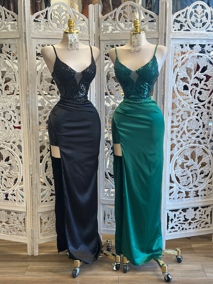Sequin Satin Maxi Dress -Estira Poco ,Slightly Stretchy