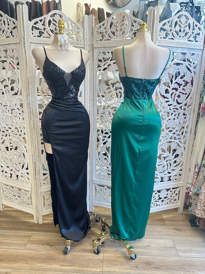 Sequin Satin Maxi Dress -Estira Poco ,Slightly Stretchy