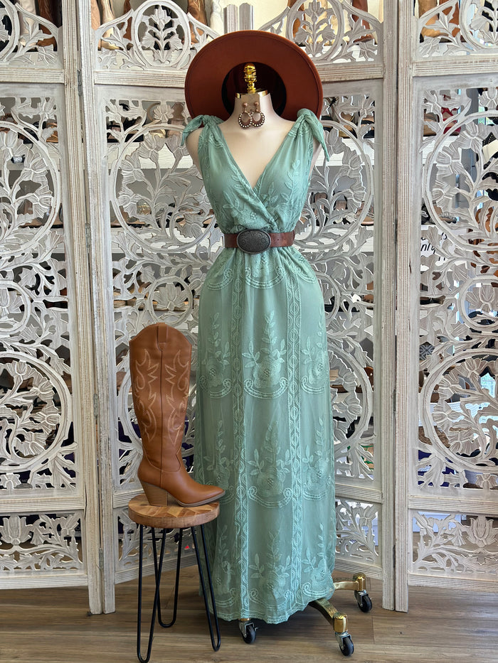 Sheer Embroidered Mint Maxi Dress - Estira, Stretchy