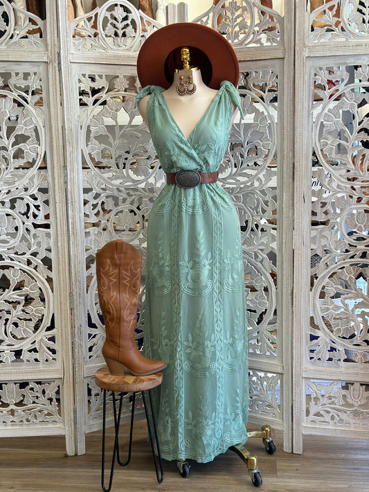 Sheer Embroidered Mint Maxi Dress - Estira, Stretchy