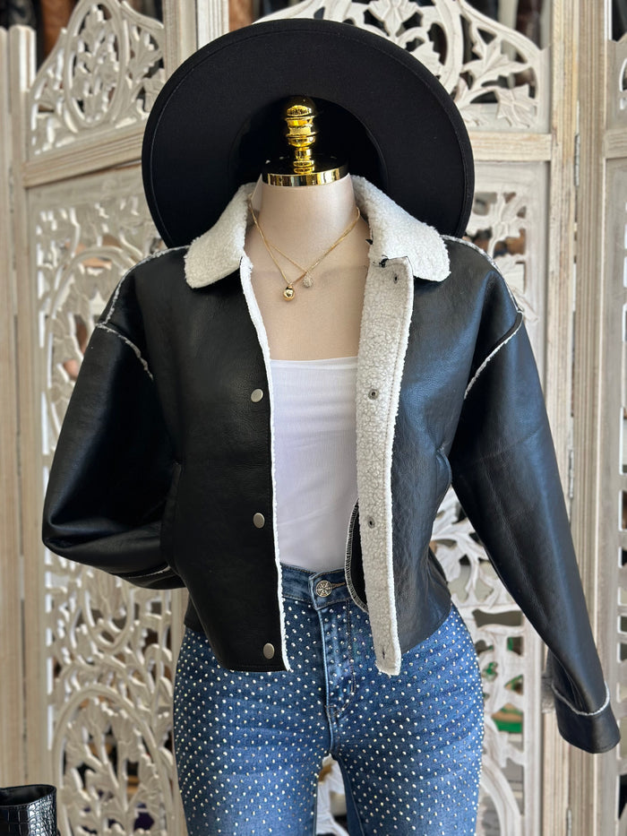 Sherpa Lined Faux Leather Jacket- Stretchy,Estira