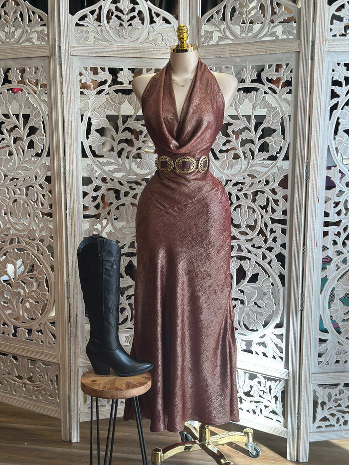Shimmery Auburn Draped Dress- Not Stretchy,No Estira