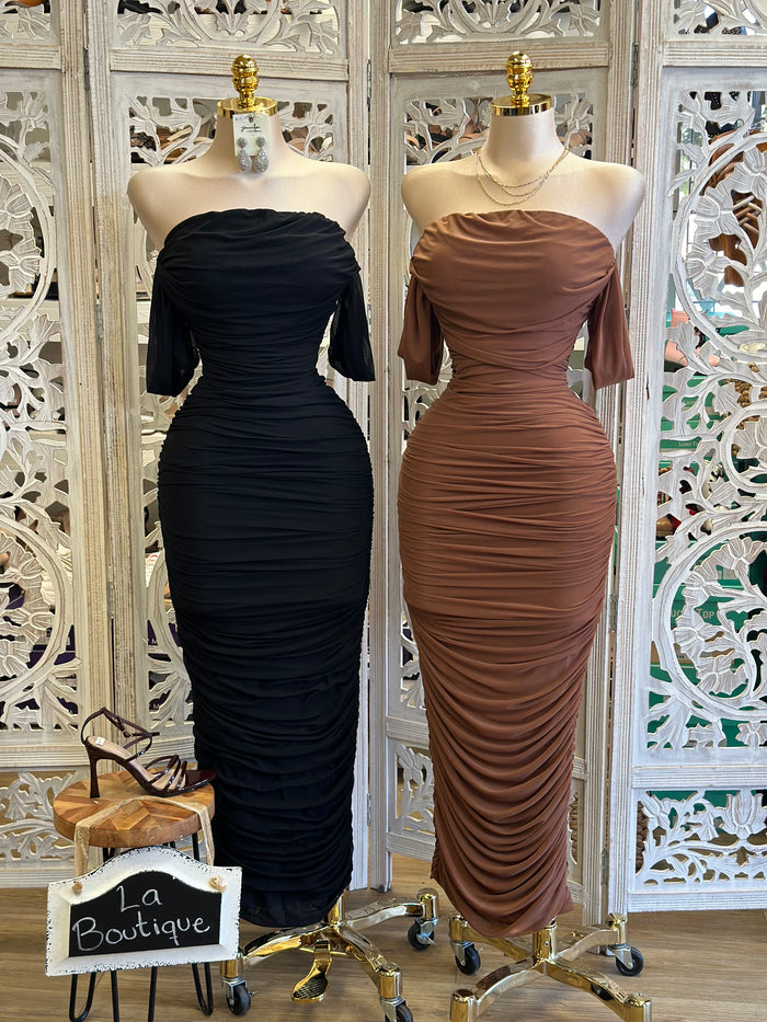 Shoulder Ruched Mesh Dress- Stretchy,Estira