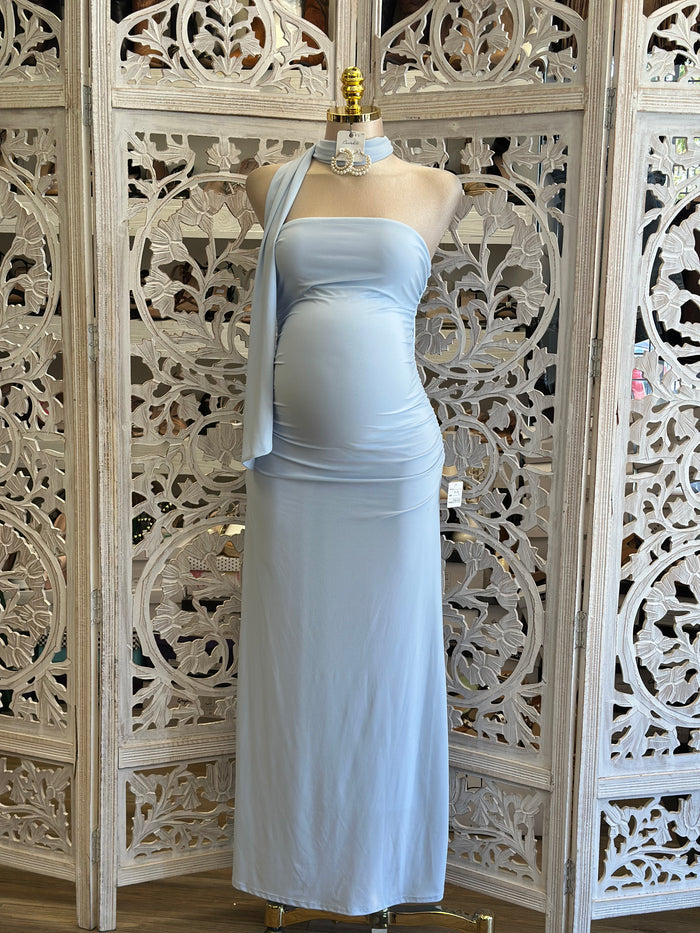 Sky Blue Scarfed Midi Night Dress-Stretchy, Estira (