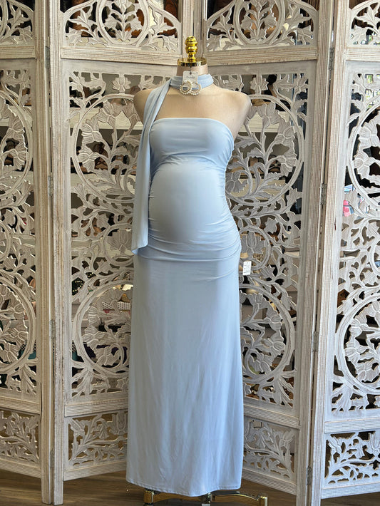 Sky Blue Scarfed Midi Night Dress-Stretchy, Estira (