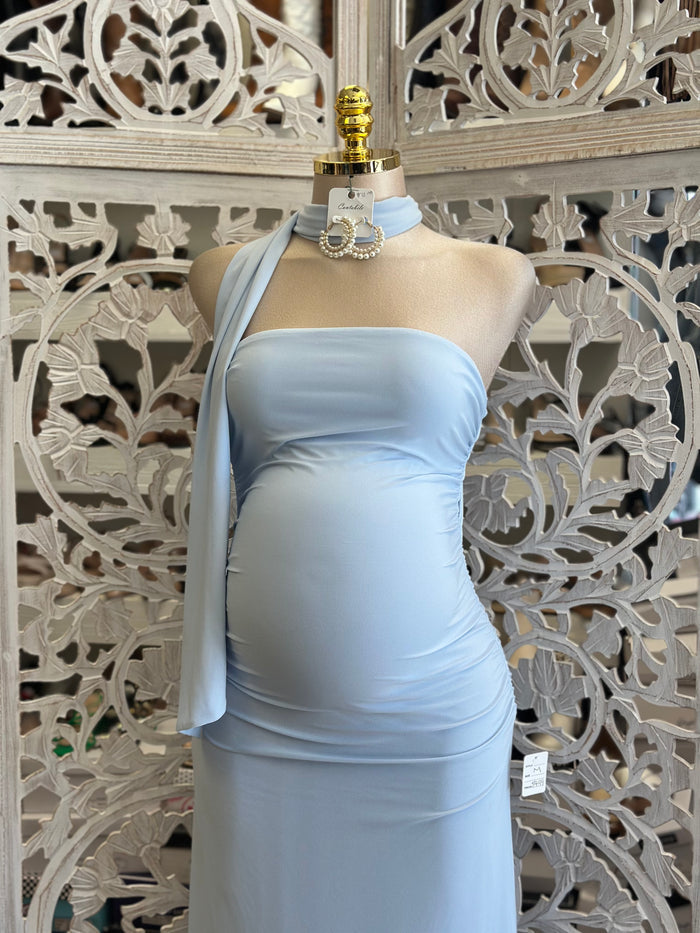 Sky Blue Scarfed Midi Night Dress-Stretchy, Estira (