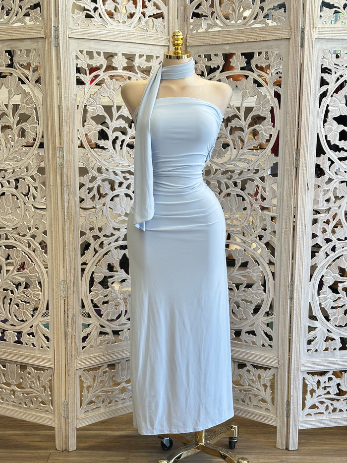 Sky Blue Scarfed Midi Night Dress-Stretchy, Estira (