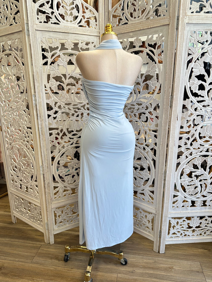 Sky Blue Scarfed Midi Night Dress-Stretchy, Estira (