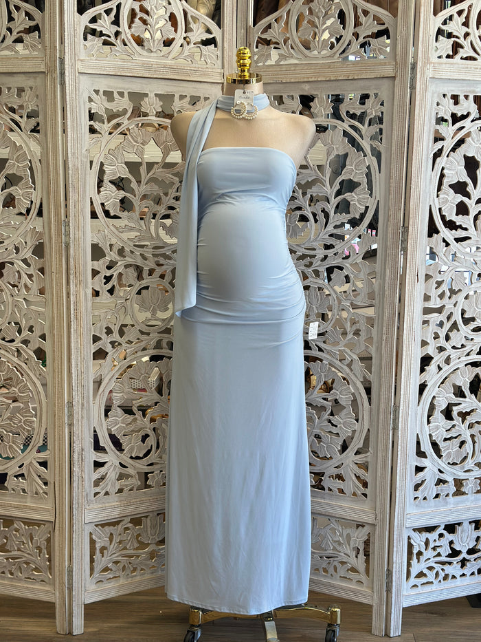 Sky Blue Scarfed Midi Night Dress-Stretchy, Estira (