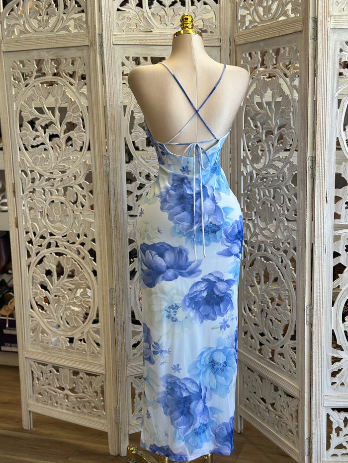 Sky Floral Crossback Midi Dress - Estira, Stretchy
