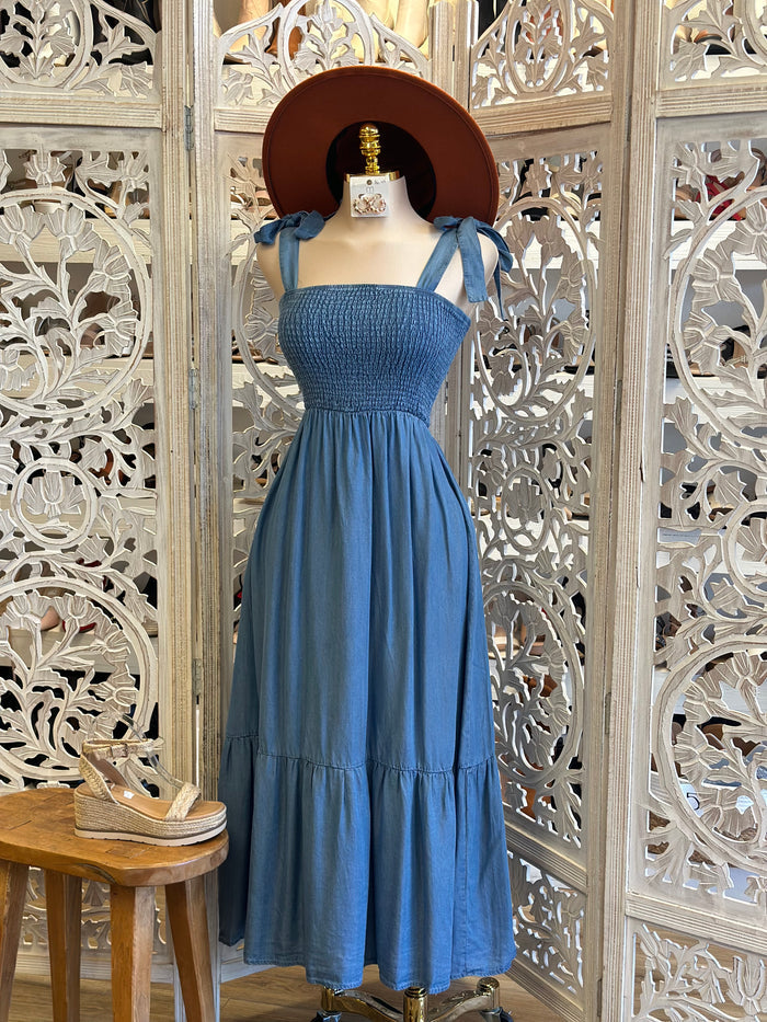 Smocked Denim Maxi Dress- Estira, Stretchy