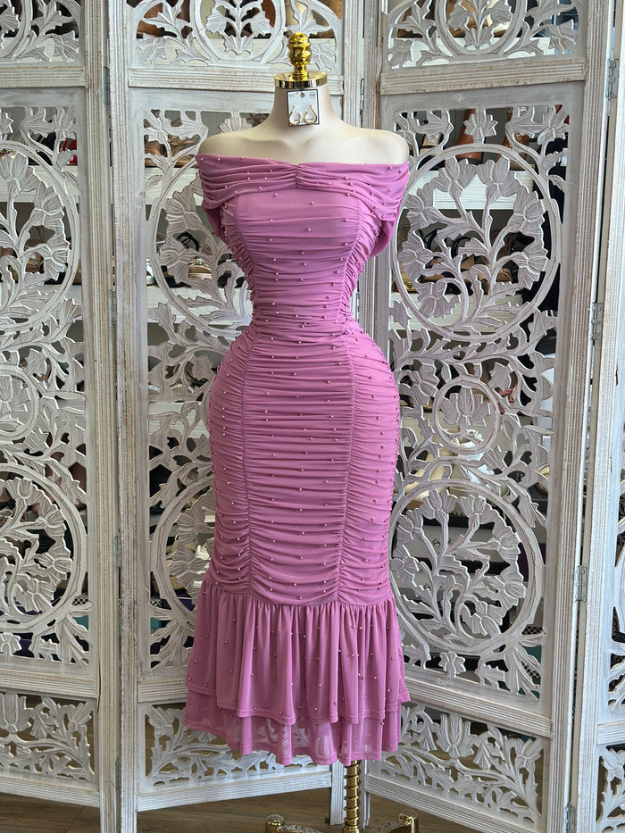 Soft Berry Pearl Ruched Dress- Stretchy, Estira