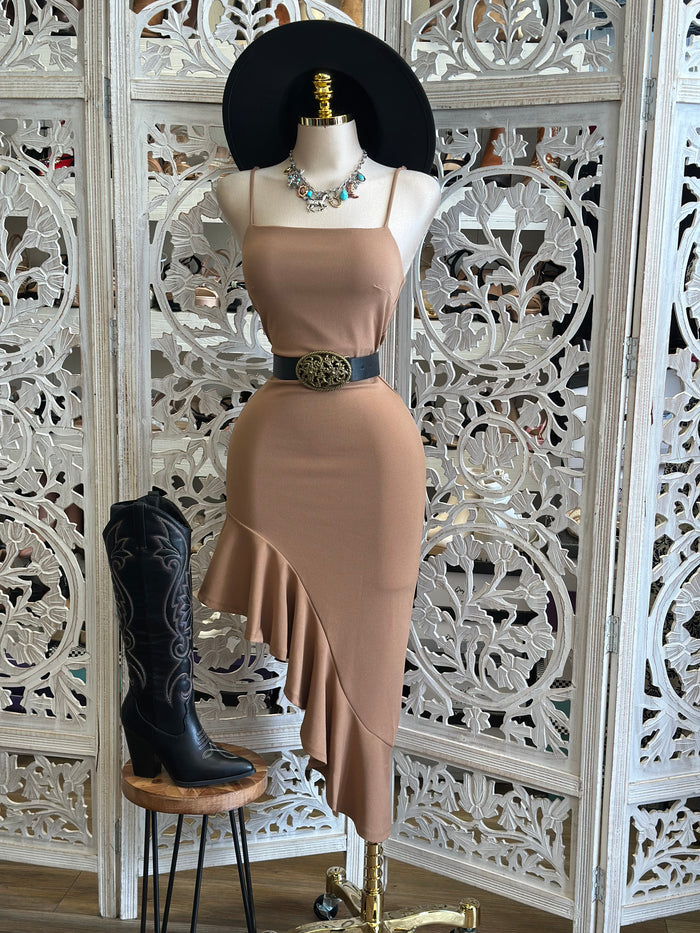 Soft Brown Asymmetrical Ruffle Dress- Stretchy, Estira