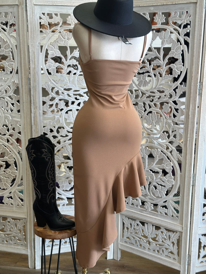 Soft Brown Asymmetrical Ruffle Dress- Stretchy, Estira