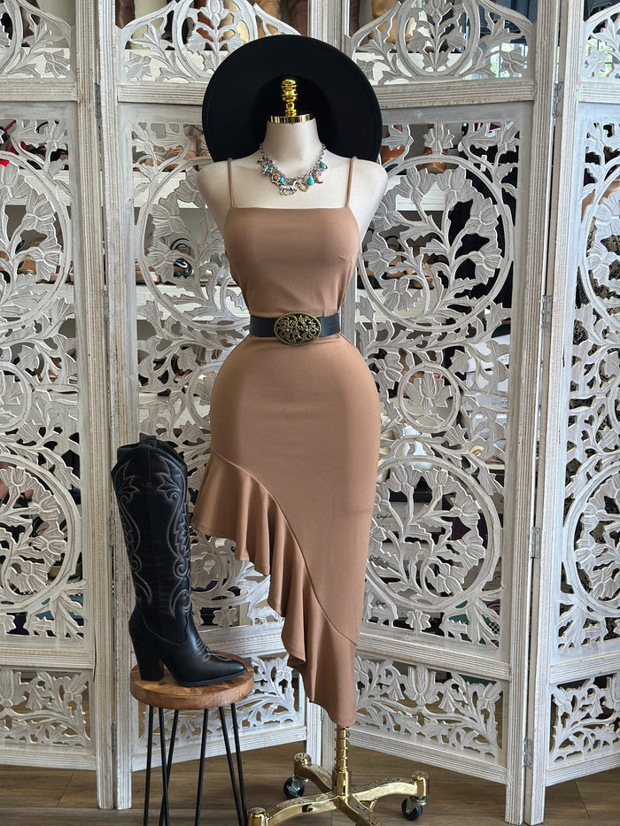 Soft Brown Asymmetrical Ruffle Dress- Stretchy, Estira