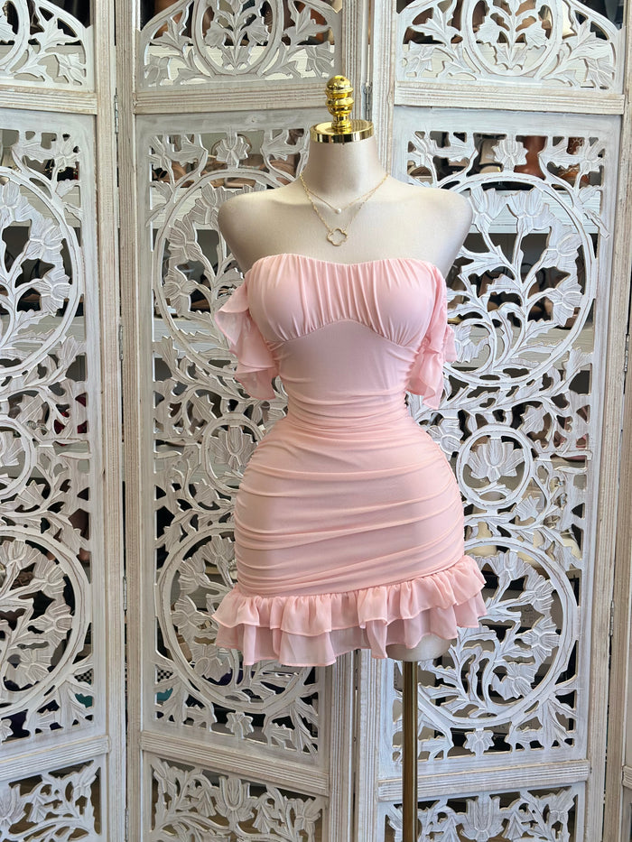 Soft Pink Ruffled Off Shoulder Mini Dress - Estira, Stretchy