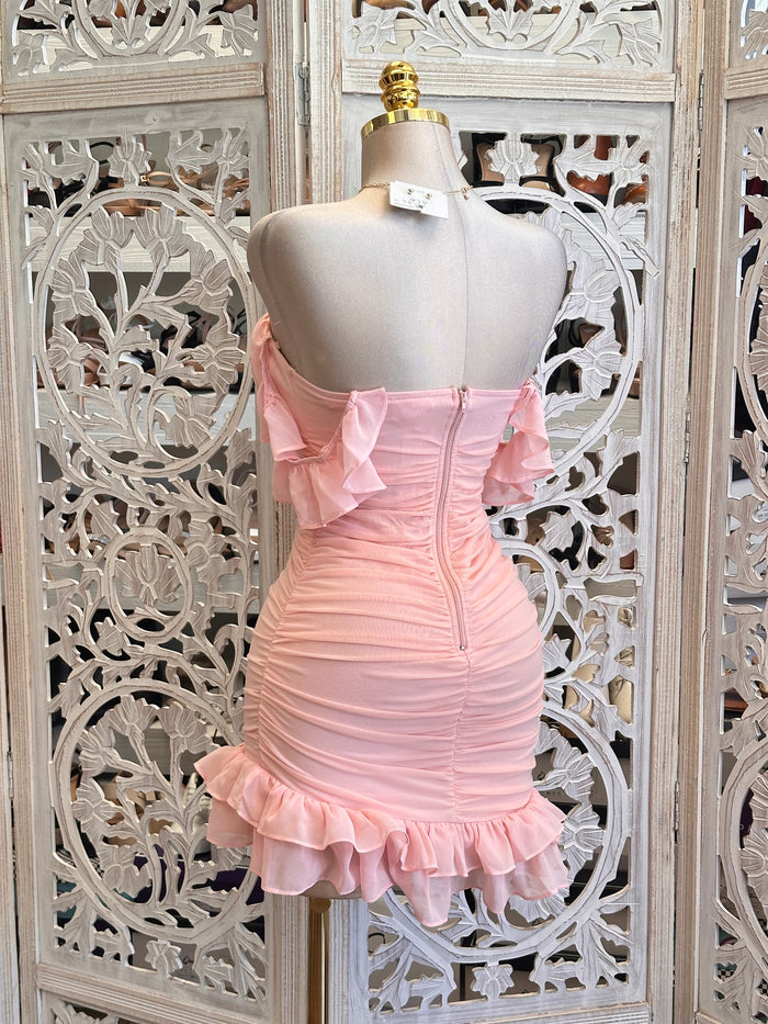 Soft Pink Ruffled Off Shoulder Mini Dress - Estira, Stretchy