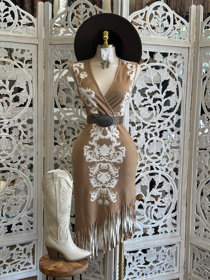 Soft Suede Fringe Dress- Slightly Stretchy, Estira Poco
