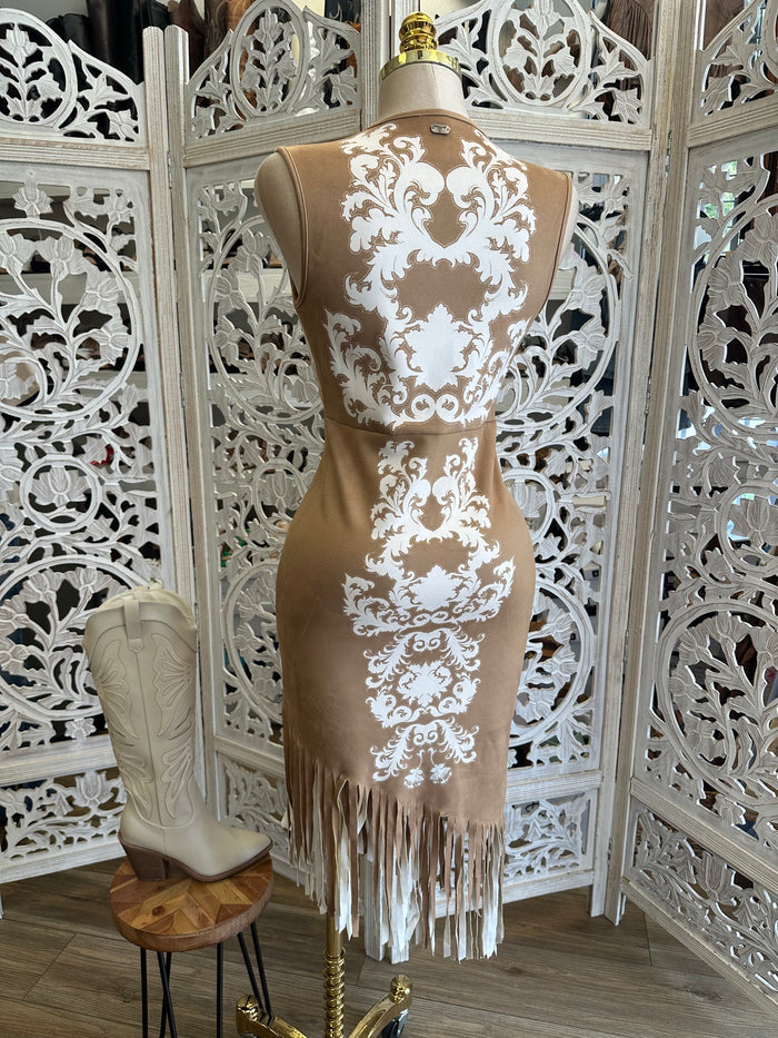 Soft Suede Fringe Dress- Slightly Stretchy, Estira Poco