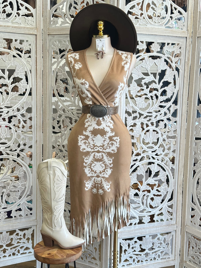 Soft Suede Fringe Dress- Slightly Stretchy, Estira Poco