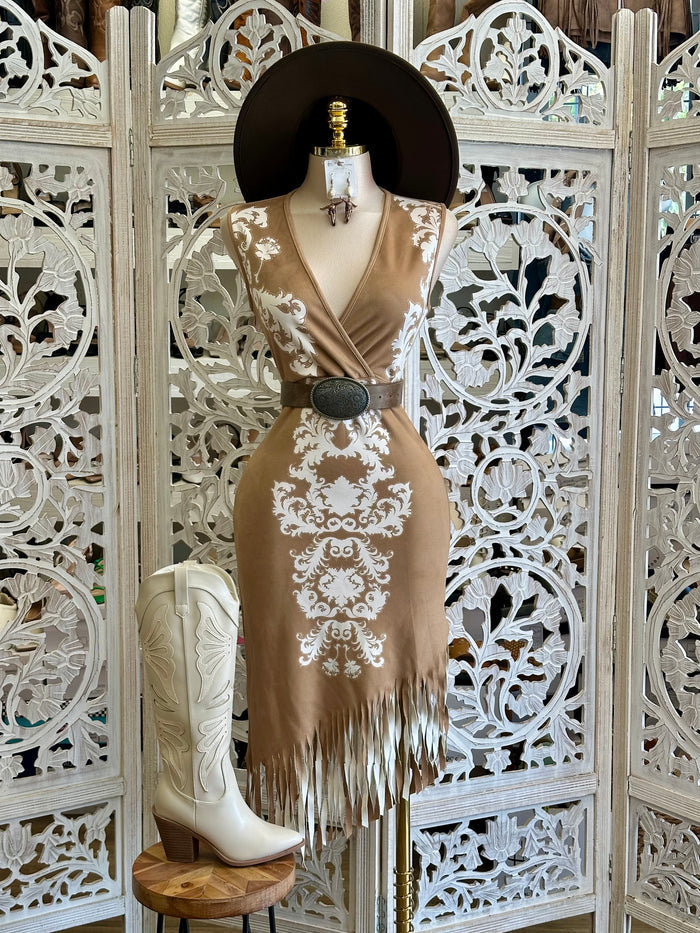 Soft Suede Fringe Dress- Slightly Stretchy, Estira Poco