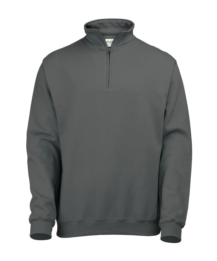 Gray sweatshirt with a quarter zip on a white background