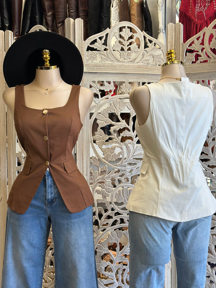Square Beck Gold Button Blouse Top- Estira, Stretchy