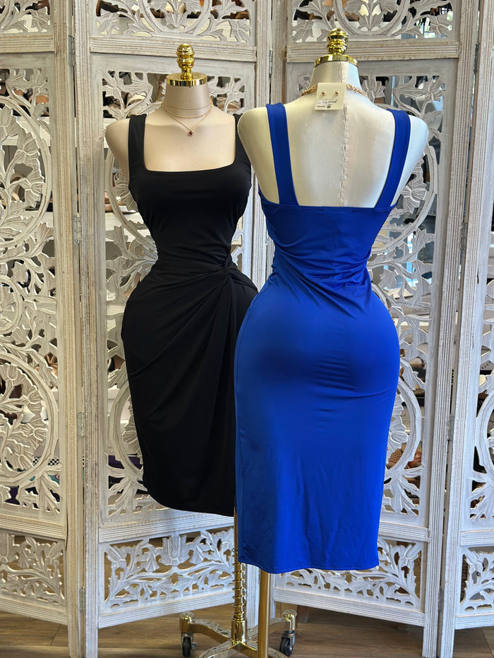 Square Neck Draped Dress- Estira, Stretchy