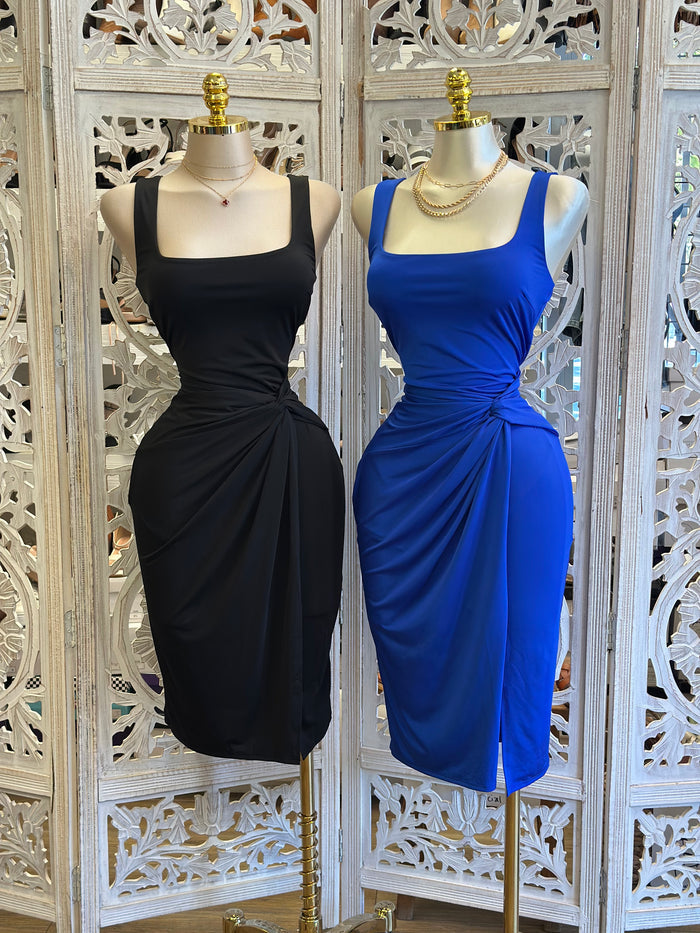 Square Neck Draped Dress- Estira, Stretchy