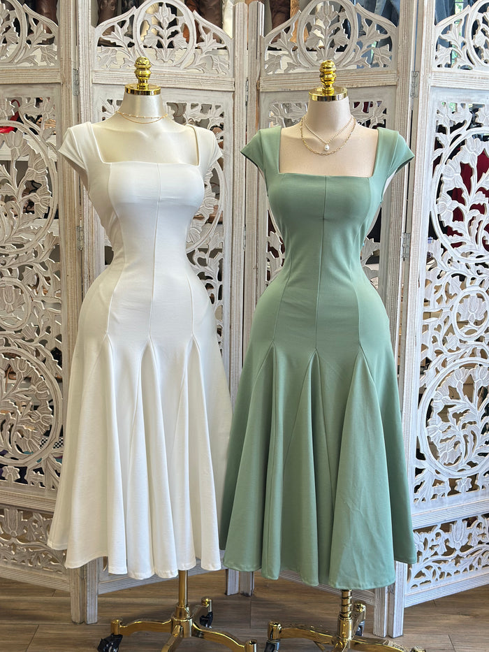 Square Neck Midi Dress- Estira, Stretchy