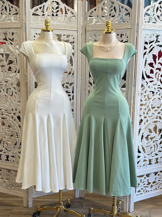 Square Neck Midi Dress- Estira, Stretchy