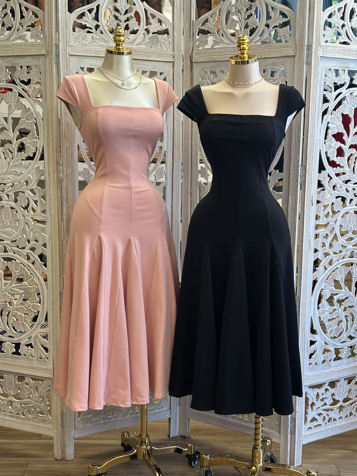 Square Neck Midi Dress- Estira, Stretchy