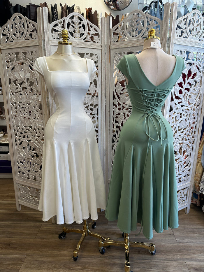 Square Neck Midi Dress- Estira, Stretchy