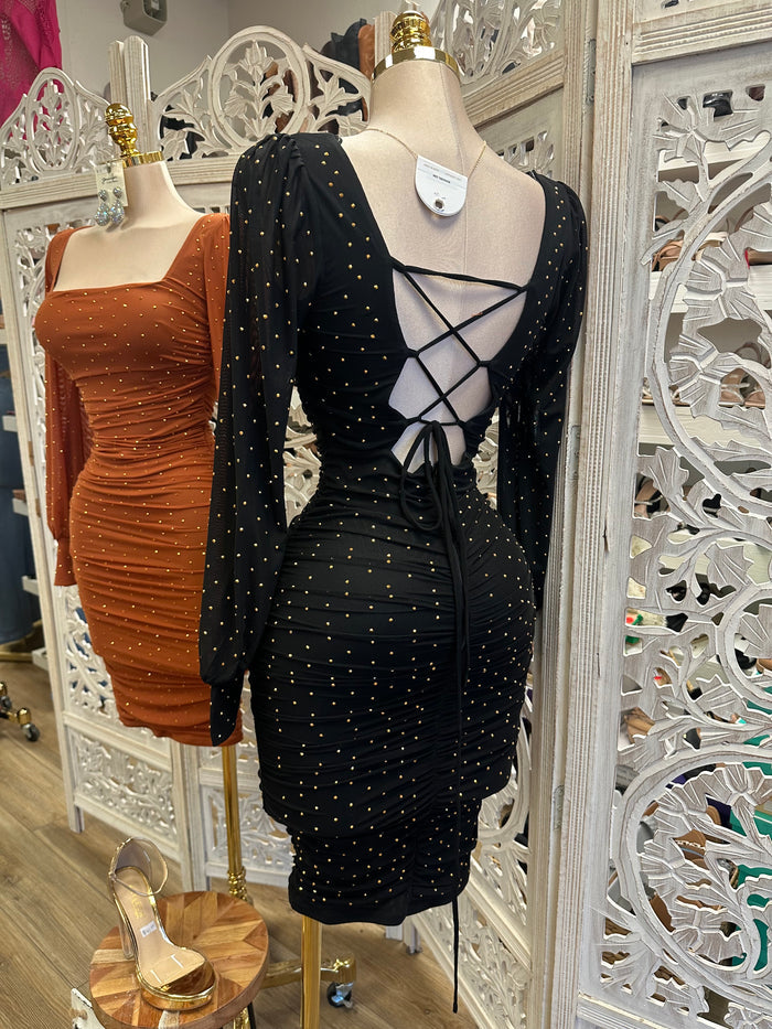 Square Neck Rhinestone Mini Dress- Stretchy,Estira
