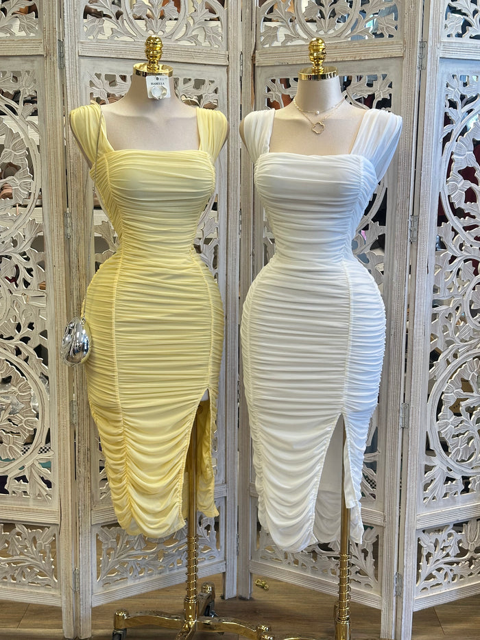 Square Neck Ruched Midi Dress - Estira, Stretchy