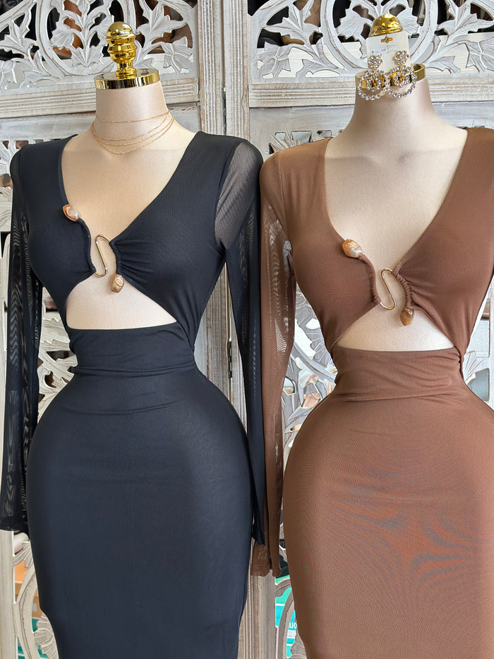Stone Design Coutout Mesh Midi Dress- Stretchy,Estira