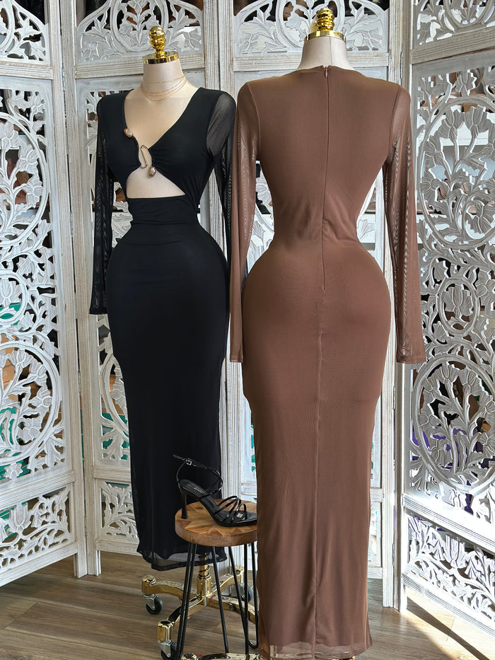 Stone Design Coutout Mesh Midi Dress- Stretchy,Estira