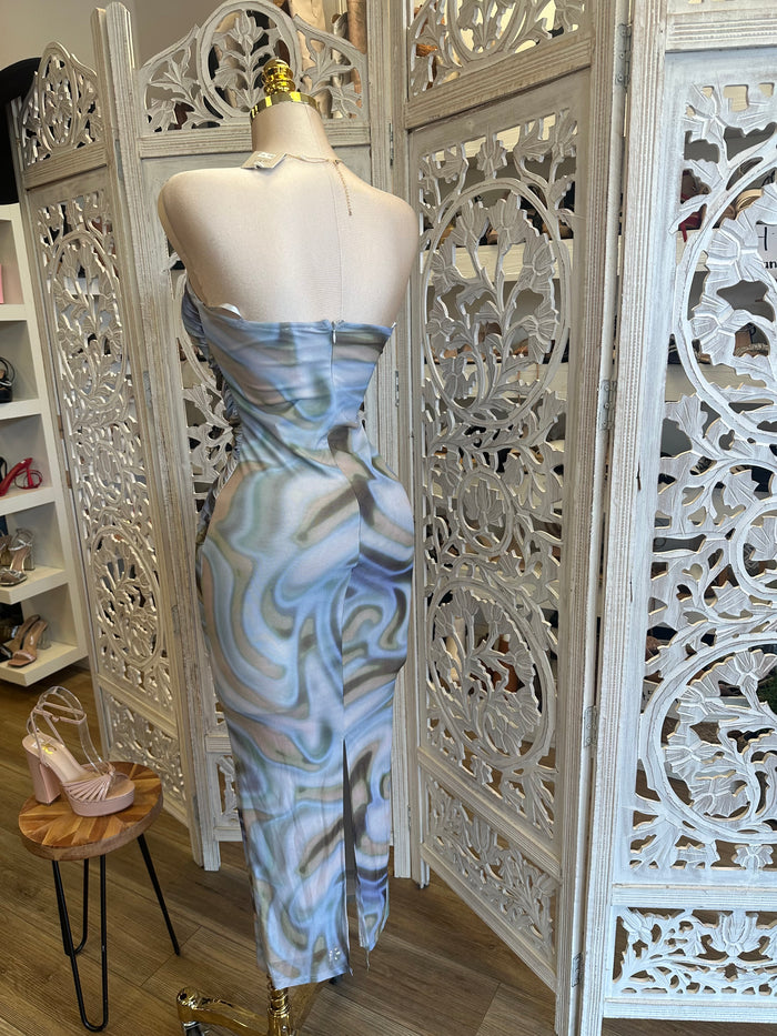 Strapless Blue Multi Pattern Midi Dress- Stretchy,Estira