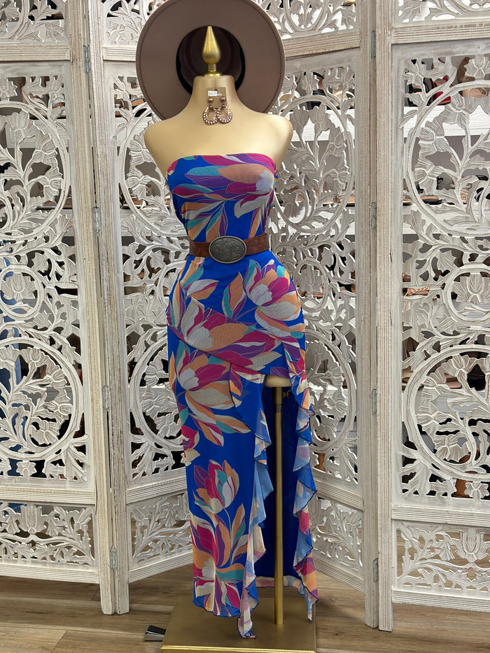 Strapless Blue Pattern Ruffle Slit Dress- Stretchy