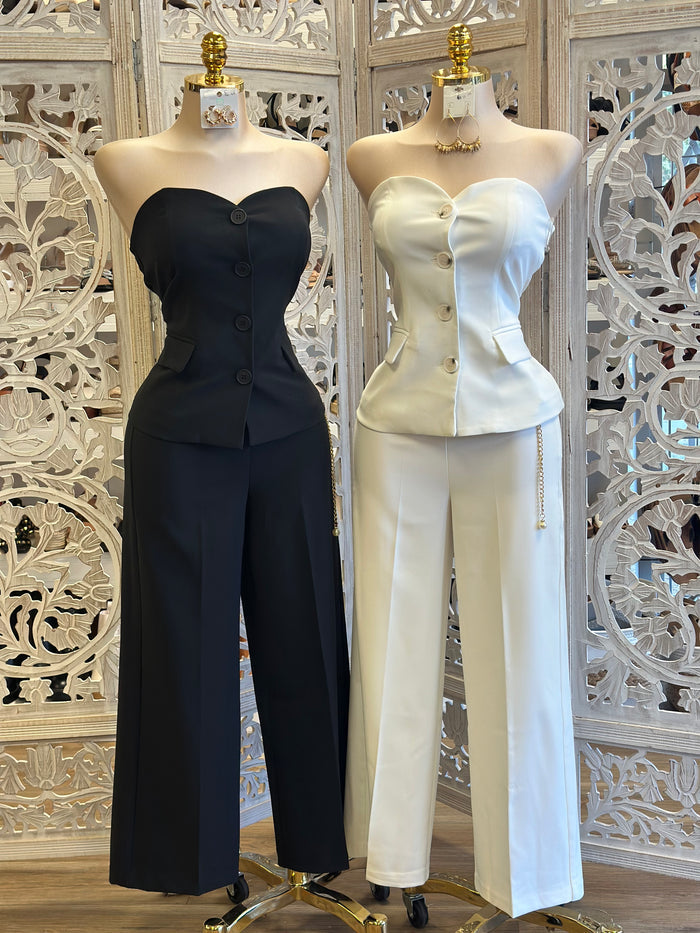 Strapless Button Top and Trouser Set- Estira, Stretchy