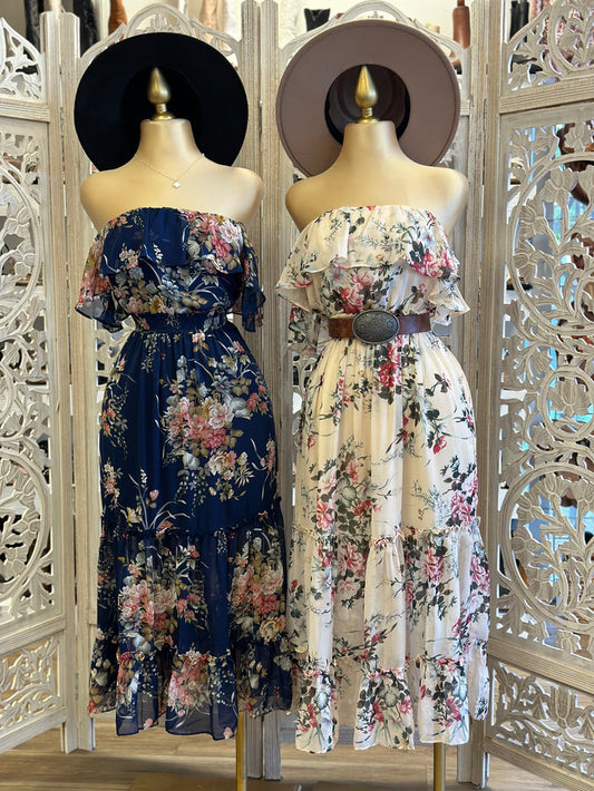 Strapless Ruffle Floral Dress- Stretchy